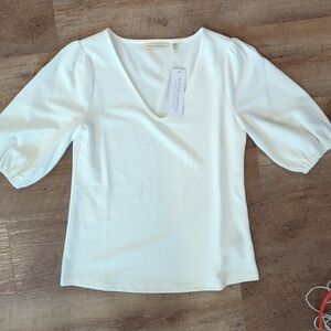 Soft Surroundings White V-Neck Puff Sleeve Blouse